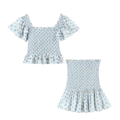 lovwvol Ruffles Tiered Floral Print Blue Women Summer Bodycom Mini Dress Set Butterfly Sleeve Vintage French Style 2 Pcs Outfit