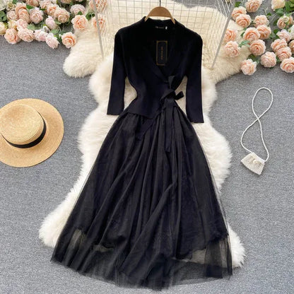 lovwvol FTLZZ Autumn Winter Women V-neck Sash Tie Up Dress Vintage Lady Lace Mesh Patchwork Dress Casual Knitting Dress