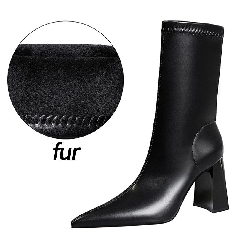 Shoes Mid-Calf Boots Chunky Block Heels Women Boots Pointed High-Heeled Boots Lady Pu Leather Boots Autumn Winter Shoes