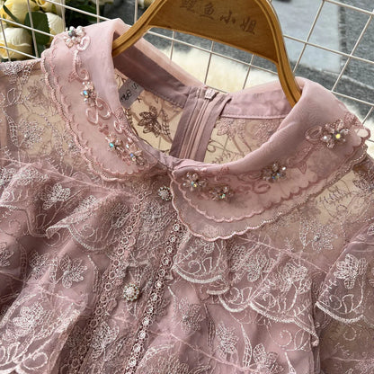 lovwvol New Summer Pink Lace Embroidery Mini Dress Female Short Sleeve High Waist Ruffles Elegant Runway Cascading Vestidos