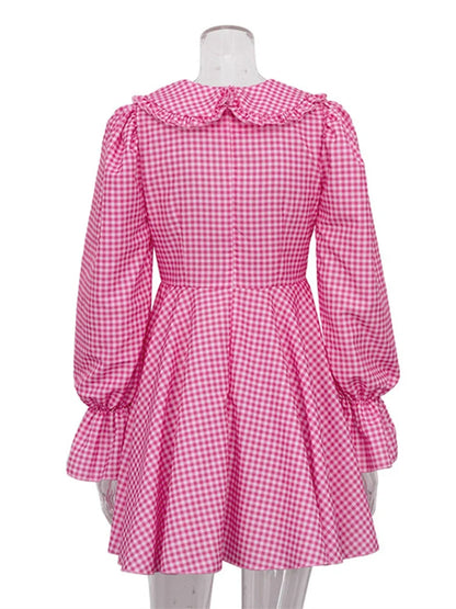 Fashion Plaid Lantern Sleeve A-line Pleated Cute Dress Casual V Neck  Dresses  Autumn Vacation Party Club Robe