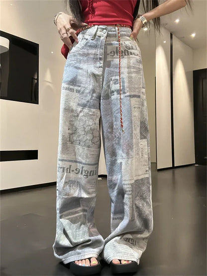 lovwvol Women's Newspaper Print Design Personality Jeans Young Girl Summer Thin Straight Bottoms Vintage Trousers Female Wide Leg Pants