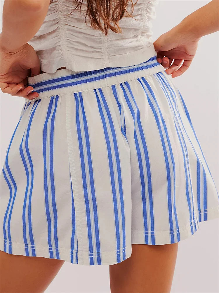 lovwvol Women Striped Print Shorts Elastic Waist Loose Casual Shorts with Pockets Summer Streetwear Going Out Short Pants New