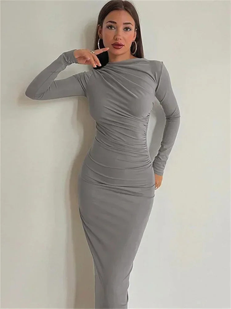 lovwvol Pleated Long sleeved Slim Maxi Dress Women Solid Fashion Elegant Party Dress Gown Off-Shoulder High Waist Bodycon Dress