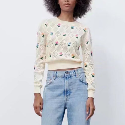 lovwvol Spring Women Flowers Embroidery Jumpers Fashion Knitting Sweater Female Chic Basic O Neck Long Sleeve Pullovers Tops