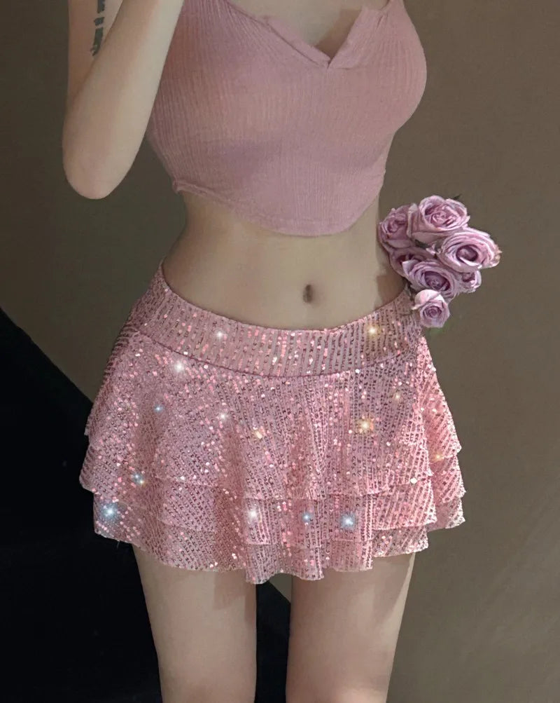 Spring Summer Women Pink Sequin Multi Layered Ruffle Edge Ultra Short Skirt Sexy Spicy Girl Mid Rise Mini Skirts Clubwear