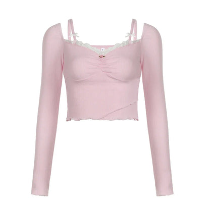 lovwvol Sweet Pink Frill Bow Women T-shirts Spring Slim Folds Lace Cutecore Crop Tops Korean Coquette Clothes Girls Y2K Tees