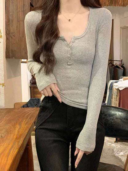 Korean Fashion Casual Grey Tees Slim Long Sleeve Gyaru O-Neck Crop Top Mori Girl Basic T-shirts Coquette Aesthetic Streetwear