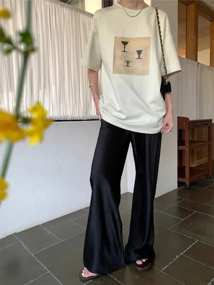 lovwvol Satin Wide Leg Pants Women Elegant Beige Trousers Casual Baggy Korean Style Summer 2024 Female Office Wear Black Pants