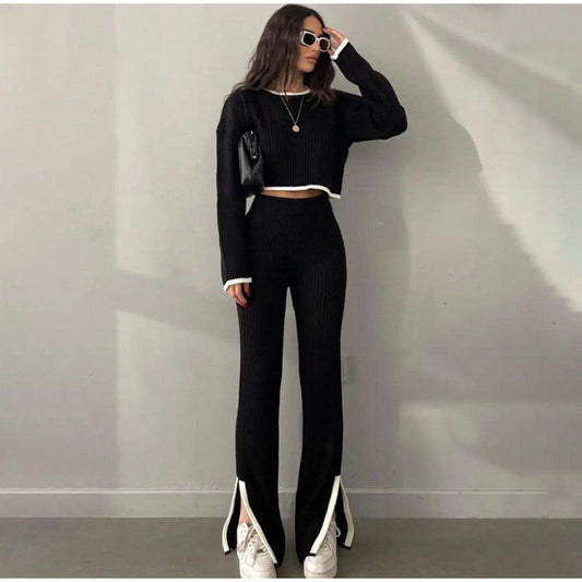 lovwvol lovwvol Two Piece Set Women Casual Panelled Side Split Trouser Suits Female 2023 Spring Crop Sweater High Waist Ladies Suits