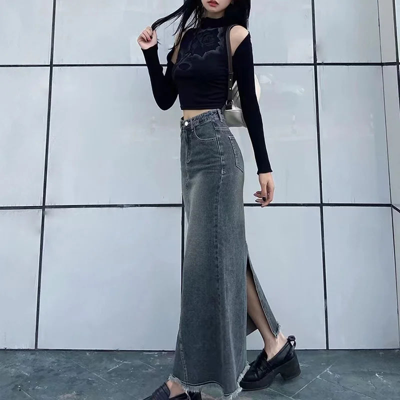 lovwvol  -  Autumn Retro Classic All-Match Skirt Women Casual Commuter Outing Tight Sexy Irregular Long Denim Vitality Skirt Girl Cool