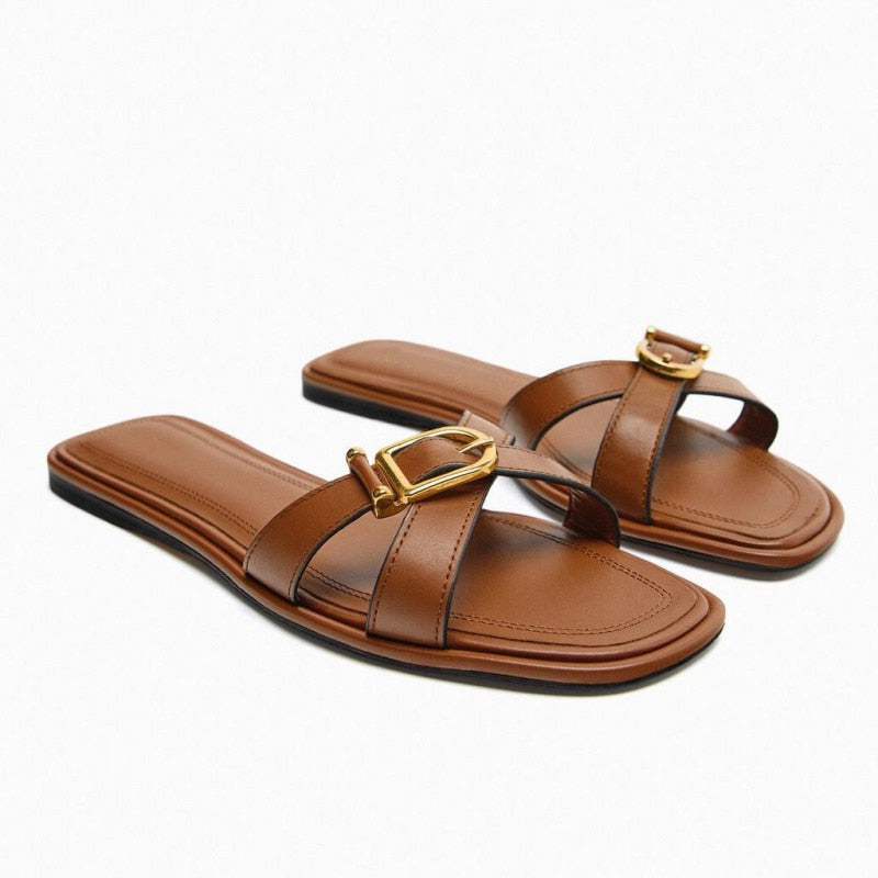 Summer Gold Buckle Women Flat Slippers Brown Leather Women Slides Casual Open Toe Gladiator Sandals Woman Plus Size Shoes42