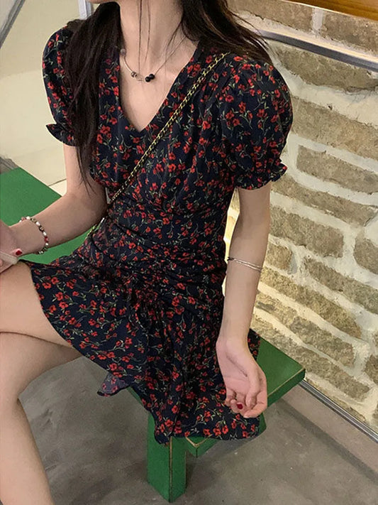 lovwvol Women Dress Floral Print Summer Short Sleeve  Harajuku Vintage Korean Fashion Beach Mini Party Sexy Evening Female Clothing