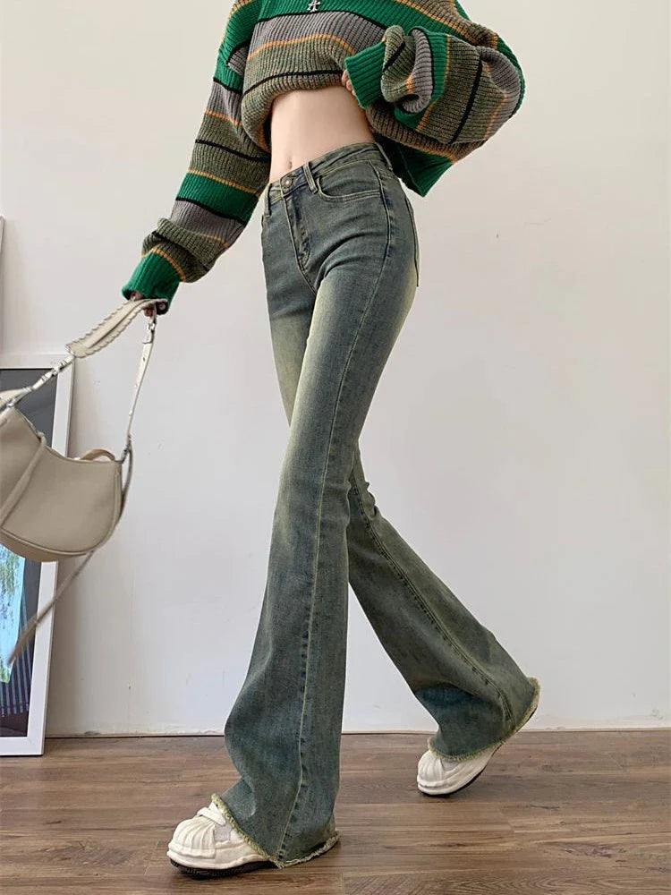 lovwvol  -  Flare Jeans Women Skinny High Waist Aesthetic Y2k Clothes Denim Trousers Vintage Washed Retro Mopping Korean Fashion Street New