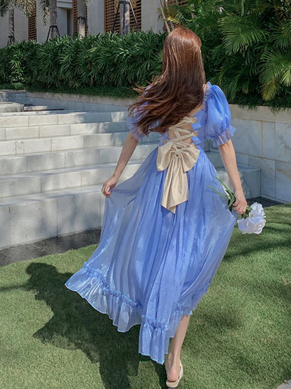 lovwvol France Vintage Mesh Dress Women Summer Blue White Black Retro Evening Party Dresses Sweet Korean Princess Fairy Dress prom dress