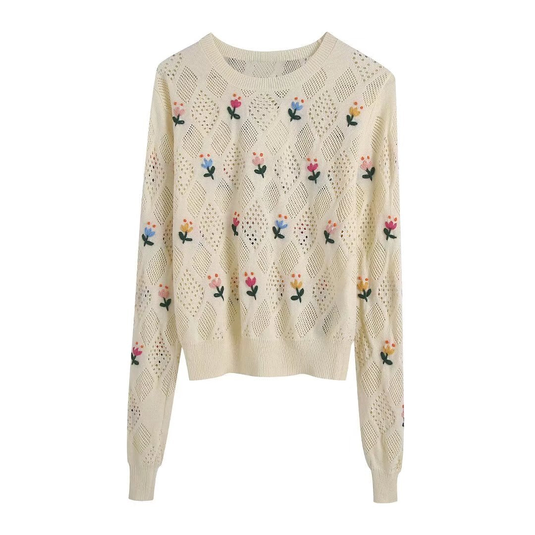 lovwvol Spring Women Flowers Embroidery Jumpers Fashion Knitting Sweater Female Chic Basic O Neck Long Sleeve Pullovers Tops