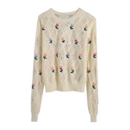 lovwvol Spring Women Flowers Embroidery Jumpers Fashion Knitting Sweater Female Chic Basic O Neck Long Sleeve Pullovers Tops