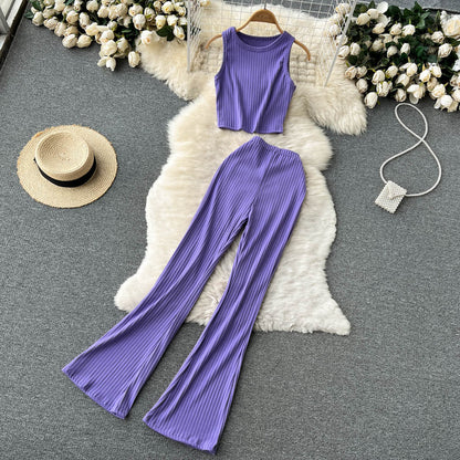 lovwvol Women Casual Pants Set Fashion Bodycon Slim Short Tank Top +Striped Wide Legs Long Pants Solid Summer Two Piece Suit