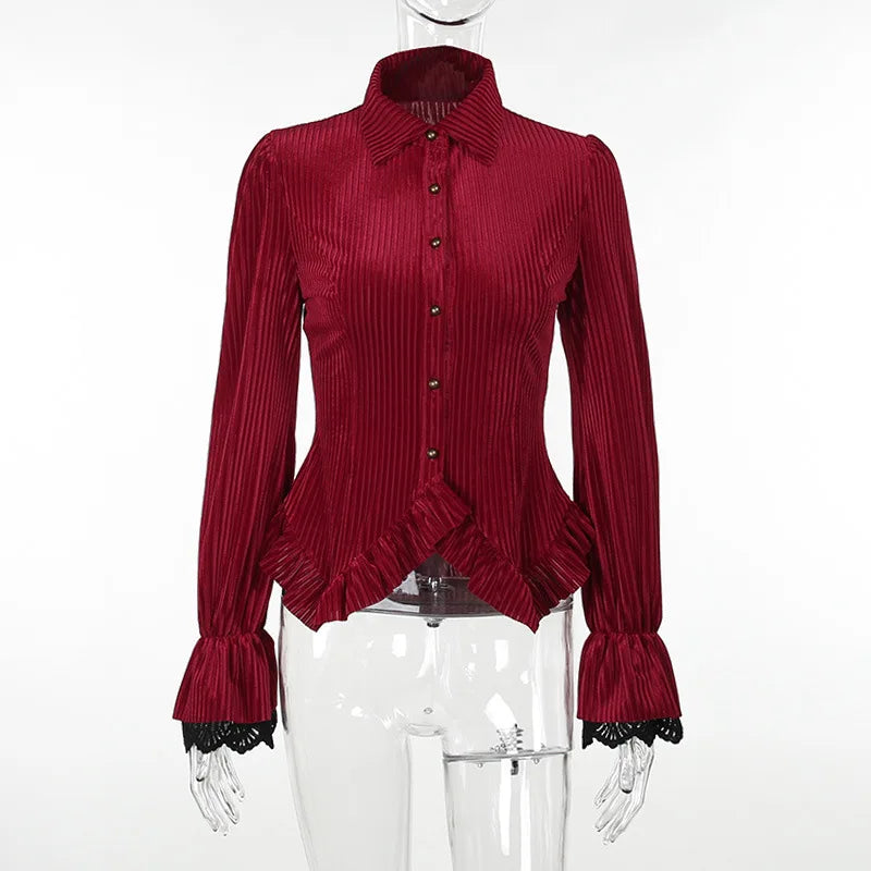 Elegant Velvet Striped Gothic Vintage Blouses Ruffles Hem Slim Button Up Women Shirts Autumn Long Sleeve Fashion Cloth