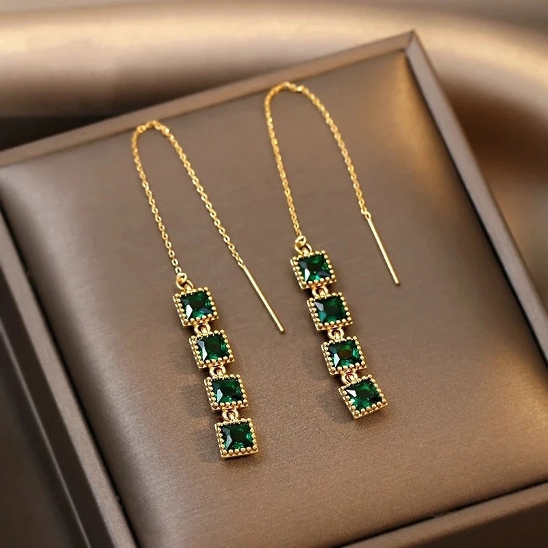 Gorgeous Square Green Zircon Stones Tassel Ear Line Korean Jewelry Trendy Gold Color Personality Earrings for Women Jewelry