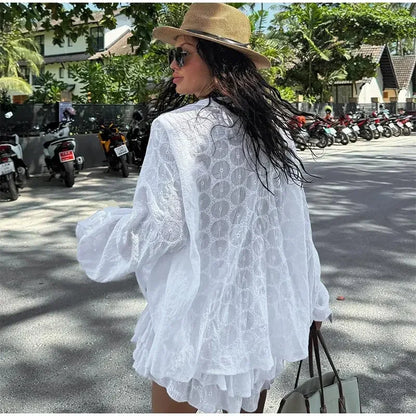 lovwvol White Long Sleeved Shirt Shorts Sets Women Loose Round Neck Single Breasted Blouse Suit 2024 Summer Fashion Lady Streetwears