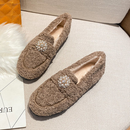 2023 new women's plush flat shoes Outdoor and office wear Fashion Brand Pearl Design winter warm snow boots Large size 41-43