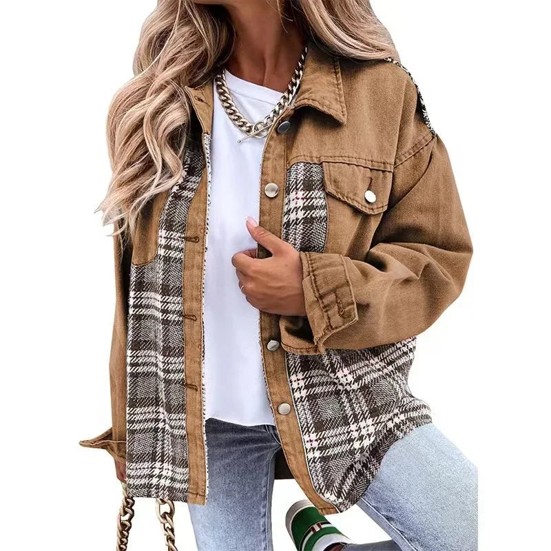 lovwvol  -  New Autumn Women Button Coat Spring Irregular Tops Outwear Mujer Vintage Fashion Plaid Print Patchwork Denim Jacket Elegant