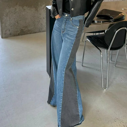 lovwvol  -  Y2K Fashion Patchwork Vintage Blue Baggy Flare Jeans Pants For Women Clothes Loose Wide Leg Denim Trousers Pantalon Femme