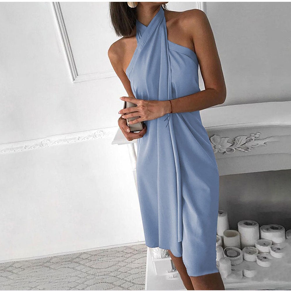 Women Sexy Halter Summer Dress Fashion Elegant Sleeveless Solid Irregular Loose Casual Boho Beach Dresses Robe Femme