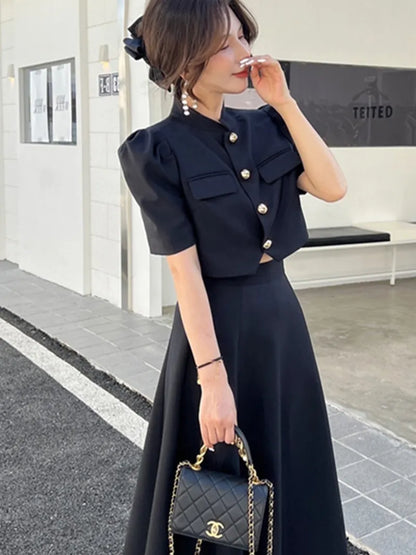 Fashion Korean Sweet Elegant 2 Piece Set Spring Summer Office Lady Skirt Suits Ruffles Polo Collar Knee-length Dresses for Women