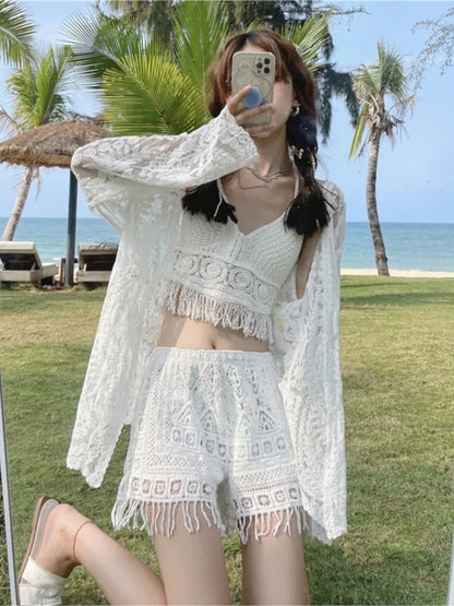 lovwvol Korean Beach Style Sexy 3 Piece Bikini Sets Summer Vacation Knited Lace Swimwear With Embroidery Cover up Women