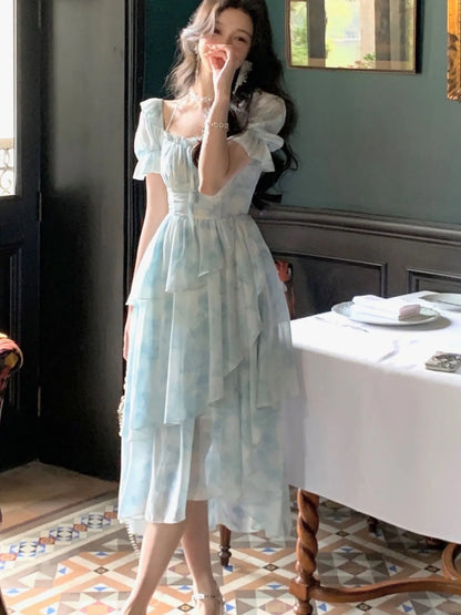 French Chiffon Print Midi Dress for Women  New Summer Elegant Party Blue Floral  Holiday Vintage Female Clothes