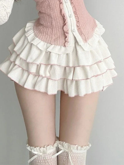 Kawaii White Ballet Mini Skirts Women Summer Elastic Waist Ruffles Lolita Skirt Japanese Casual Party A-Line High Waist Skirt