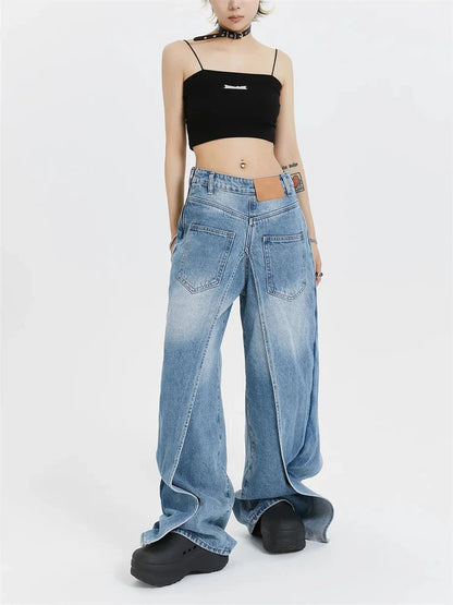 lovwvol Women's Wearable on Both Front and Back Sides Jeans High Waisted Deconstructing Banana Pants Female Loose Retro Denim Trousers