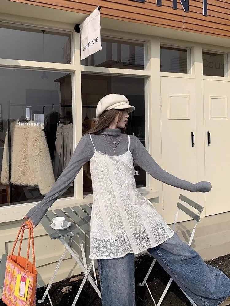 lovwvol Lace Hollowed-out Halter Dress Female Spring Autumn Selvedge Design Dresses Korean Fashion Vestidos Gauze Short Skirt