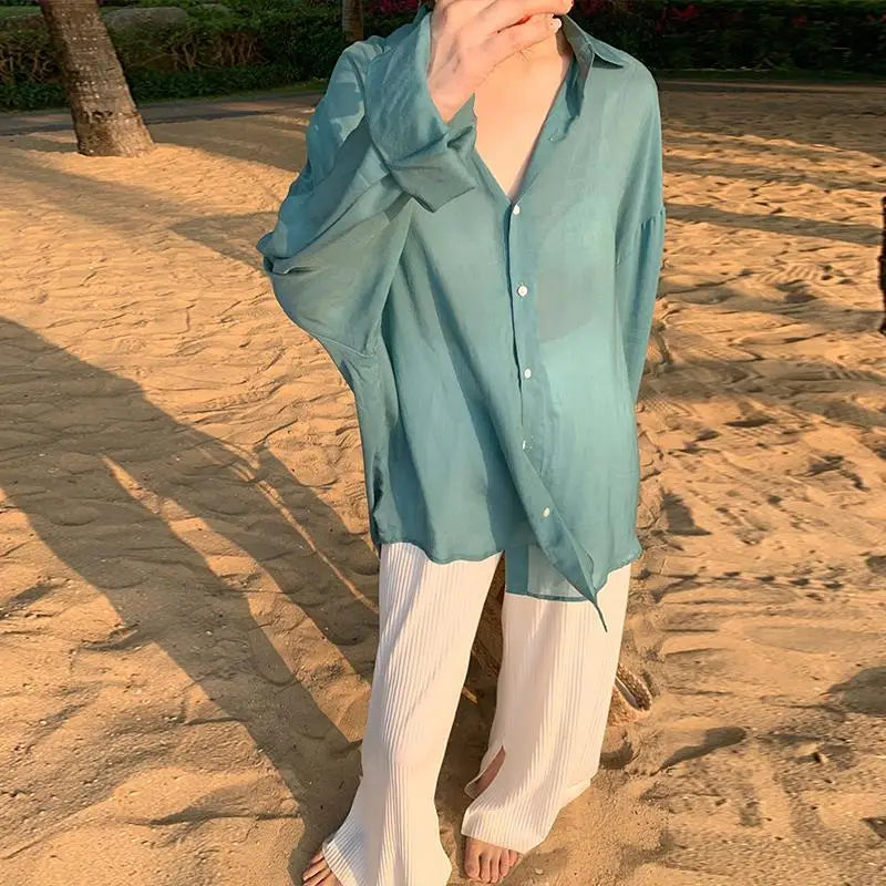 lovwvol White Chiffon Blouses Casual Elegant Sexy Oversized See Through Top Korean Fashion Puff Sleeve Shirts Beach Cover Up