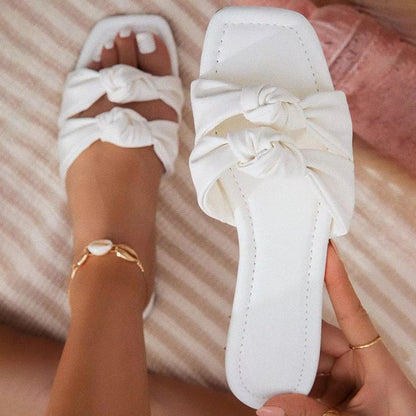 lovwvol New Women's Slippers Summer Bow Square Toe Shoes Twist Strap Ladies Flat Sandals Outdoor Beach Casual Comfy Female Slides