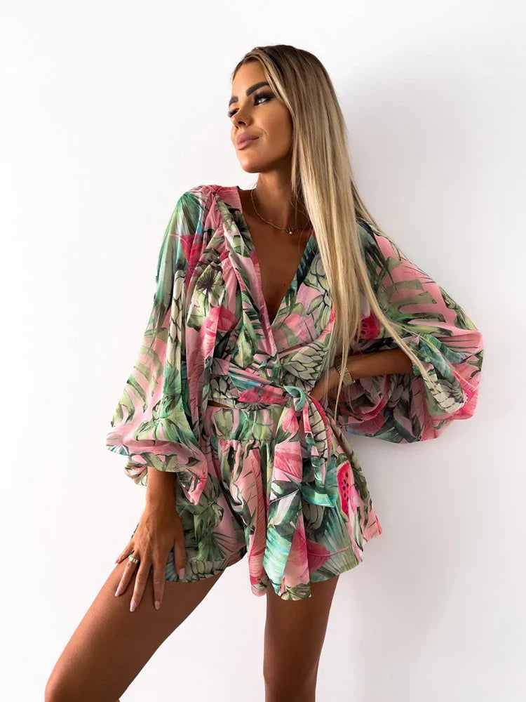 lovwvol  -  Sexy Deep V Neck Jumpsuit For Women Summer Casual Boho Beach Vacation Outfit Female Fashion Print Lantern Sleeve Rompers Shorts