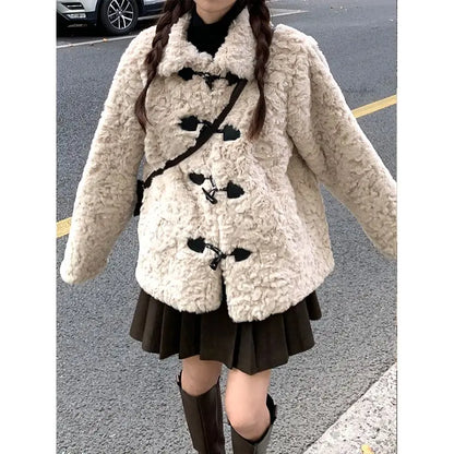 lovwvol  -  Y2k Aesthetic Solid Women's Grunge Coats Horn Toggle Button Warm Vintage Casual Jacket Winter Loose Harajuku Sweet Tops