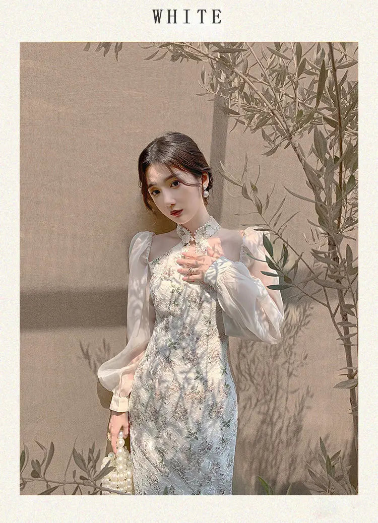 lovwvol Vintage Elegant Cheongsam Dress Women Floral Embroidery Design Party Fairy Dress Female Spring Court Retro Long Split Dress