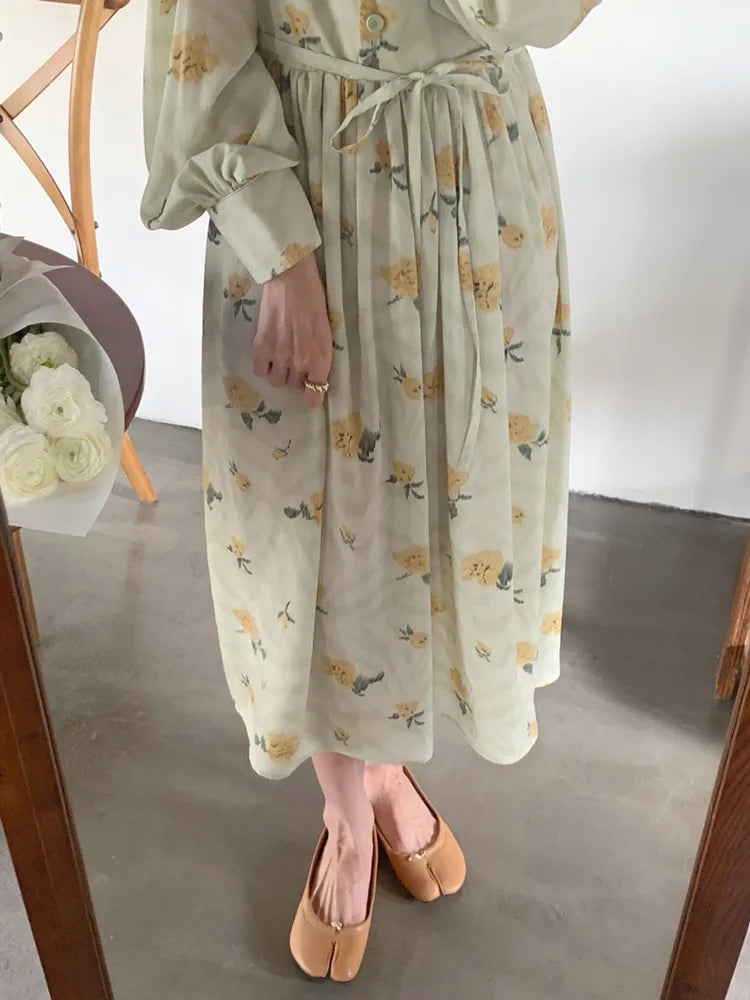 Korean style Women Sweet Floral Long Chiffon Dress with Belt Spring Autumn Round Collar High Waist Slim Dresses