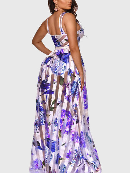 Strap Floral Printed Sheer Maxi Dresses