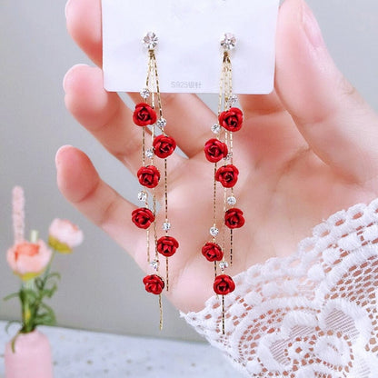 New Korean Style Flower Asymmetrical Dangle Earrings for Women Shiny Rhinestone Long Tassel Cute Cat Earring Sweet Jewelry