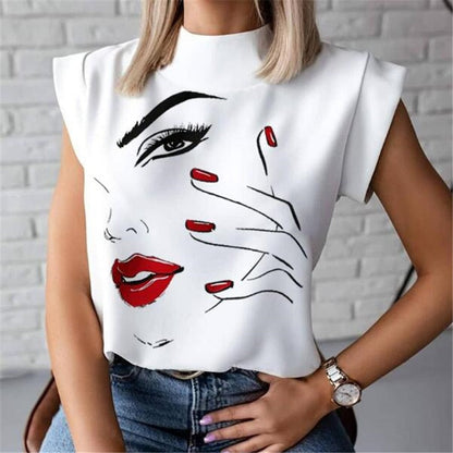 lovwvol Women Lips Printed T Shirt Ladies Casual Stand Neck Tee Tops Short Sleeve Streetwear Summer Floral Plus Size Pullover T-shirts