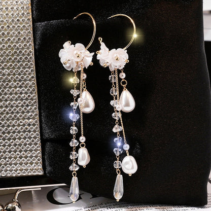 New Korean Style Flower Asymmetrical Dangle Earrings for Women Shiny Rhinestone Long Tassel Cute Cat Earring Sweet Jewelry