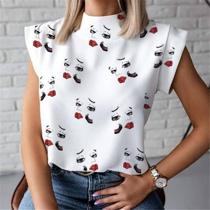 lovwvol Women Lips Printed T Shirt Ladies Casual Stand Neck Tee Tops Short Sleeve Streetwear Summer Floral Plus Size Pullover T-shirts