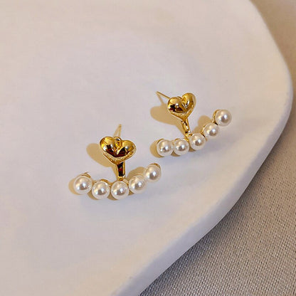 New Metal Heart-Shaped Pearl Earrings For Women Korean Fashion Back Hanging Earring Girls Shiny Zircon Exquisite Jewelry