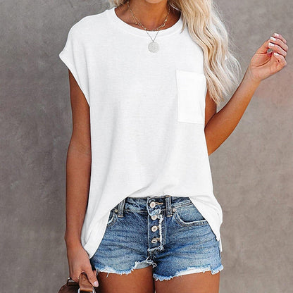 lovwvol Solid Tops Tee Shirts Women Pocket T-shirt Summer Casual O-neck Loose T Shirt Short Sleeve Female Soft Tops mujer camisetas