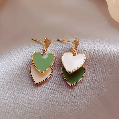 New Korean Style White Green Heart Drop Earrings For Women Contracted Heart Pearl Asymmetrical Earring Girl Party Jewelry