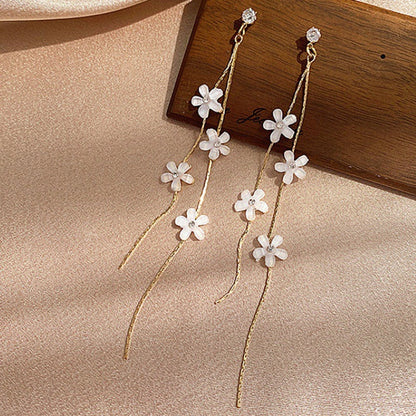 New Korean Style Flower Asymmetrical Dangle Earrings for Women Shiny Rhinestone Long Tassel Cute Cat Earring Sweet Jewelry